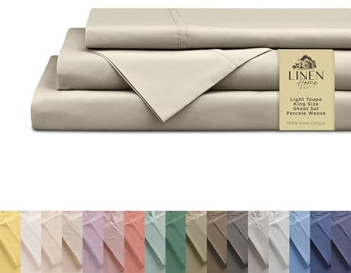 Linen Home 100% Cotton Percale Sheets King Size, Light Taupe, Deep Pocket, 4 Pieces Set - 1 Flat, 1 Deep Pocket Fitted Sheet and 2 Pillowcases, Crisp Cool and Strong Bed Linen