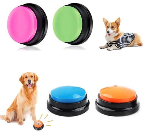 Byffoer Buzzer Mit Aufnahmefunktion, 4 Stück Farbigen Buzzer Mit Sound, Hunde Buttons Zum Sprechen Buzzer Hund Aufnahmefähige Tasten Für Hund Interaktion Dog Buttons Intelligenzspielzeug Für Hunde
