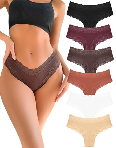 FINETOO Cotton Lace Underwear Women Brazilian Knickers for Women 6 Pack Sexy Knickers Multipack Soft Stretchy Ladies Briefs Comfort Hipster Panties Size S-XL