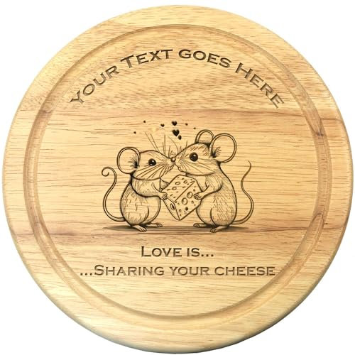 Round Cheese Board, 19cm, Wood, Wire Cutter + Tongs, Personalised Engraving Mouse Theme Cheeseboard