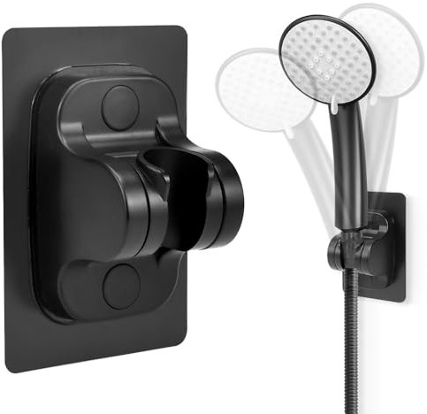 CAREDGO Soporte para Ducha Sin Taladro Soporte para Ducha Ajustable Soporte para Alcachofa de Ducha Ajustable Negro Soporte de Cabezal de Ducha sin Taladro para Alcachofa, Adhesivo a la Pared