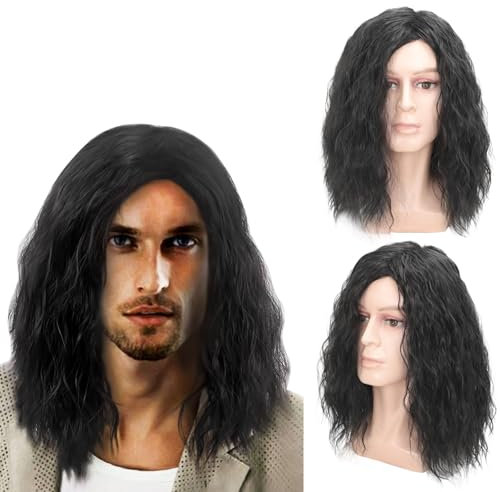 TSHAOUN Parrucca Nero Uomo di Media Lunghezza Capelli, Parrucca Lunga Ondulati Ricci da Uomo Adulto anni '70 '80 Cosplay Hippie Parrucca per Halloween Carnevale Festa Costumi Rock