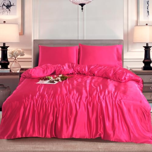 CHARKHAH Satin Silk 3 Piece Duvet Cover Set Silky Soft Wrinkle Free Solid Color Bedding Includes 1 x Duvet Cover with Zipper Closure and 2 x Pillowcases Weather (FUCHSIA, SINGLE)