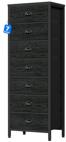 Furnulem Bedroom Dresser, Tall Chests of Drawers with 7 Fabric Bins, Black Organizer in Closet, Dorm, Living Room, Nursery, Hallyway-Storage Tower Unit, Sturdy Steel Frame