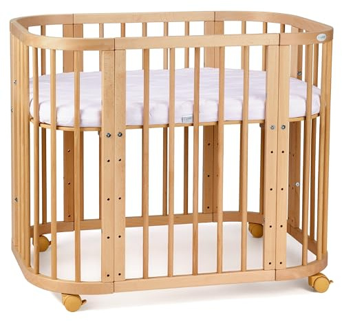 Waldin Babybett 5in1, Beistellbett aus Holz, Matratze, Belüftet, Boden 5-Fach Verstellbar, Natur