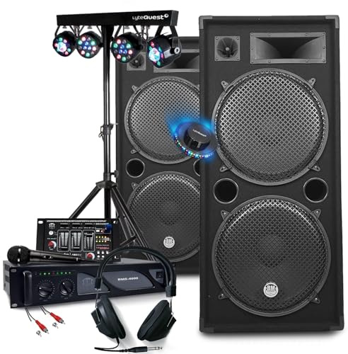 Pack Sono DJ Complet 3000W Amplification + Enceintes 2x2000W, Table Mixage USB Bluetooth, Portique d'Eclairage Multi-Effets LED