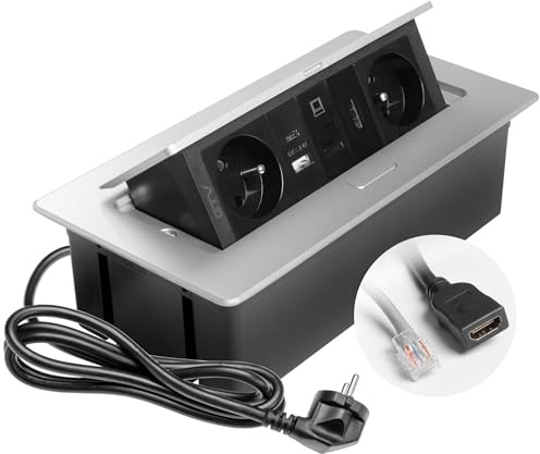 GTV – Inbyggt uttag MULTISOFT aluminium med 2 x uttag med jordning, USB A+C, RJ45, HDMI 2.0, infällbar med lock, 1,5 m kabel, perfekt för kök, kontor eller konferensbord