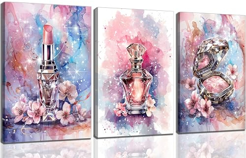 3Pcs Tween Teen Girls Bedroom Wall Art Youth Makeup Room Canvas Posters Pink Trendy Beauty Pictures Wall Decor Perfume Lipstick Cosmetics Prints Painting for Mature Girl Dorm Framed