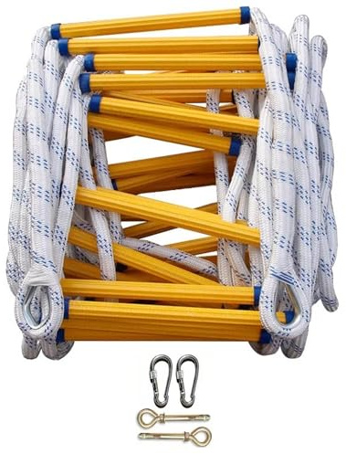 Escalera de cuerda de seguridad contra incendios con 2 ganchos, peldaños de epoxi antideslizantes y cuerdas de poliéster de alta resistencia, tejida a mano para emergencias en casa y oficina (15 m)