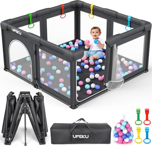 Baby Playpen Foldable Playpen for Babies and Toddlers, Large Playpens Portable Play Pen with 2 Doors Play Yard for Kids Fence Indoor Outdoor 4 Handlers 50 Balls Baby Gifts Essentials 50X50 Dark Grey