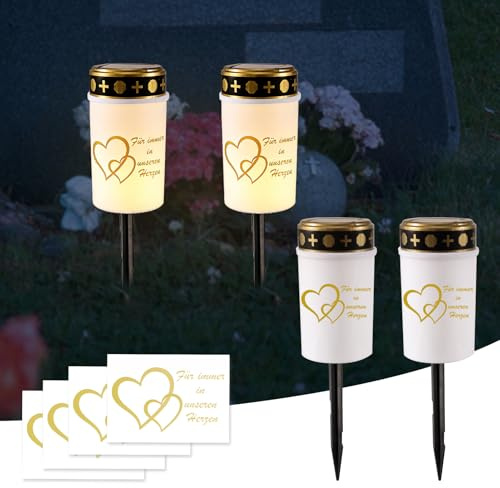 Silkwish Set di 2 luci tombali solari con picchetto e cuore adesivi – IP65 resistente alle intemperie – candele a LED tremolanti – candele solari per cimitero per sempre nei nostri cuori (bianco caldo
