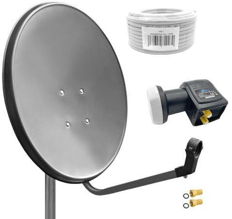 60cm HD Sat Anlage Twin LNB + 15m Koaxialkabel 135dB + 2 F-Stecker Digital 2 Teilnehmer Antenne grau UHD 4K
