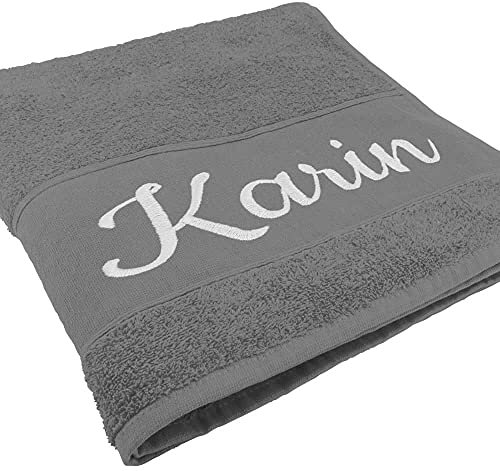 Deitert Handtuch mit Namen oder Wunschtext Bestickt, personalisiertes Duschtuch, individuelles Badetuch, 100% Baumwolle, 140 x 70 cm hellgrau