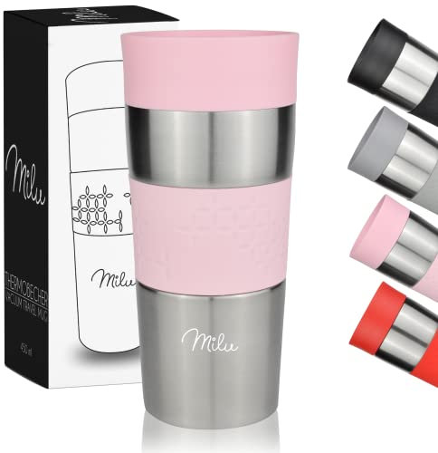 Milu Thermobecher 350ml & 450ml - Isolierbecher Kaffeebecher to go, 100% Auslaufsicher, Trinkbecher Edelstahl, Autobecher doppelwand Isolierung, Thermo Becher, Travel Mug (Rosa, 350ml)