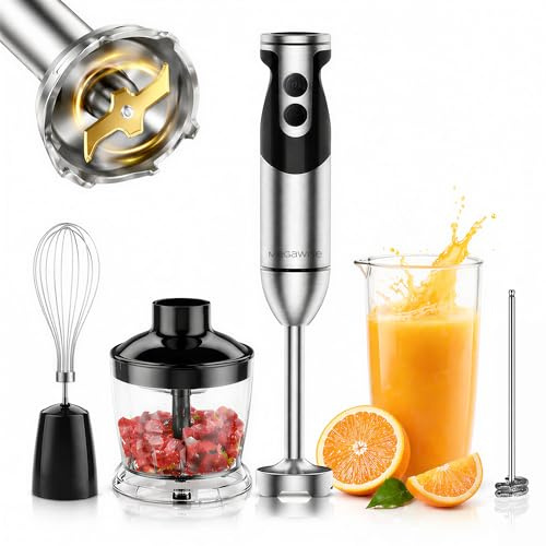MegaWise 800 W svart handmixer, 5-i-1, 12-växlad turbo-läge, titanstålblad, handtag, med visp, hackare/kvarn och mätbägare