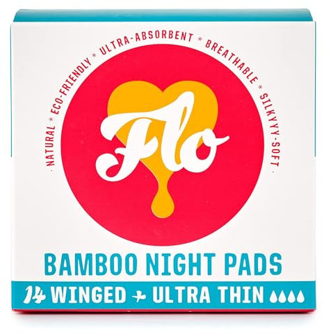 Flo Bamboo Night Period Pads – Super Absorbent, Soft, Thin Sanitary Towels – Winged Leak-Free for Regular Flow – 14 Count
