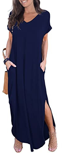 GRECERELLE Women Maxi Long Dress Summer Casual Beach Boho Short Sleeve V Neck Maxi Dresses with Pocket (Navy Blue, L)