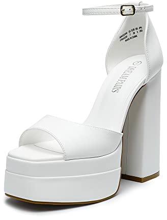 DREAM PAIRS High Heels Chunky Block Platform Heels for Women Ankle Strap Sexy Open Square Toe Heels Dressy Pumps Sandals,Size 6.5,White,SDHS2324W
