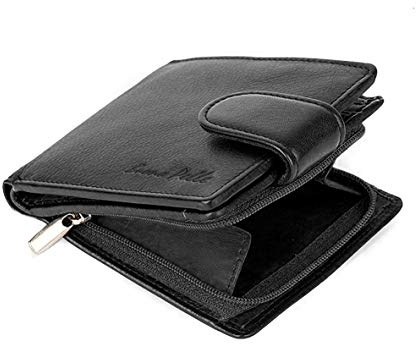 Buono Pelle Wallets Mens Slim RFID Blocking Genuine Leather with Zip Coin Pocket, Banknote Compartments, Card Holders Pouch ID Window. Wallet for Men with Gift Box (Jet Black)