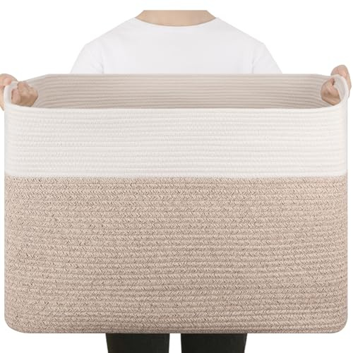 SIXDOVE Extra Large Blanket Basket, Toy Basket Bin for Kids, Cotton Rope Woven Storage Basket for Living Room, Nursery, Baby Room Decorative Organizer, 24''×16''×15'', Brown & White