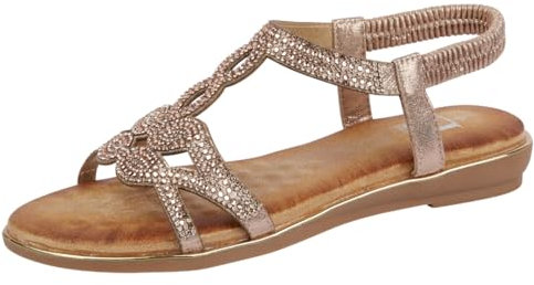 Shoes By Emma Ladies Diamante T-bar Slingback Flat Sandals - Santorini- Rose Gold - UK 4
