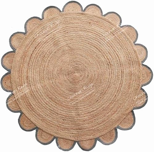 Jaipur Weaver Group 4x4, 5x5, 6x6,feet Natural Jute Scallop Round Rug, Floor Scalloped Edge Rug Braided Boho Eco Large Circular Handmade Area Rugs, Grey, RD1-5x5-GRY