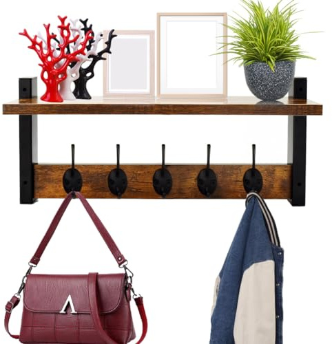 Crochets muraux avec étagère, porte-manteau, étagère murale avec 5 crochets en métal, manteau, sac à dos, clés, cintres avec rangement, étagère murale flottante suspendue dans l'entrée, le salon, la