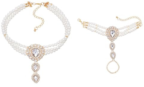 Kristallpärla halsband armband set 2 st kungliga hovhalsband kedja vintage flera lager strass falskt pärla vattendroppe smycken för kvinnor flickor, Strass Konstgjord pärla Legerat stål, Strass