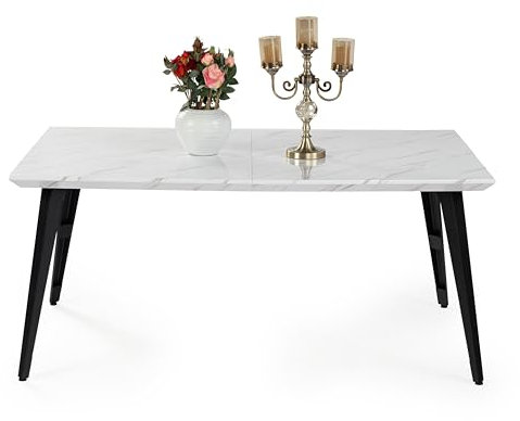 FurnitureR 150CM rechteckiger Esstisch, Küchentisch mit weißer Marmoreffektplatte und schwarzen Beinen, 4-6 Sitz Esstisch für Esszimmer Wohnzimmer Küche Café, weiß