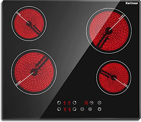 Karinear Plaque Vitrocéramique 4 Feux Encastrable, Plaque de Cuisson électrique 60 cm avec commande Tactile, Plaque Vitro 4 zones avec Minuterie, Sécurité Enfant, 6000W, 220V-240V, sans prise
