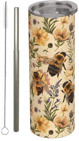 amepay Bee and Flower Stainless Steel Insulated Tumbler with Lid - 20oz Nature Lovers Travel Mug,Reusable Metal Straw & Brush, Double-Wall Vacuum Bottle Cup for Hot and Cold Drinks Gifts