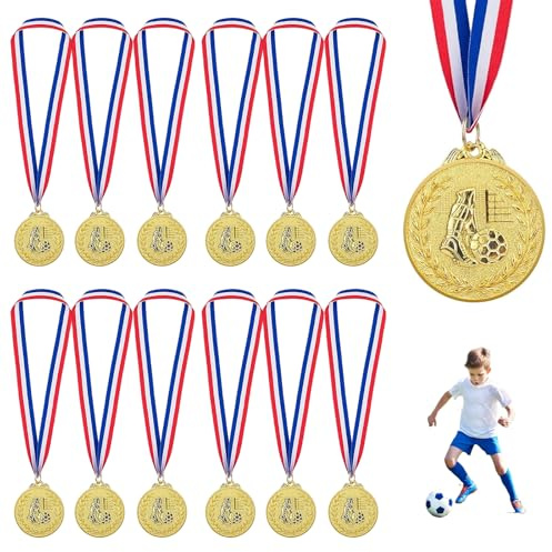 NLONLL 12 Pcs Football Medals Gold Metal Football Medals for Kids Children Adults Sports Day Prizes Metal Medals with Tricolour Nylon Ribbon Winner Medal for Football Party Favours