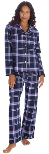 INSIGNIA Ladies Button Up Cotton Blend Flannel Traditional Pyjamas (UK, Numeric, 8, 10, Regular, Regular, Lilac Check)