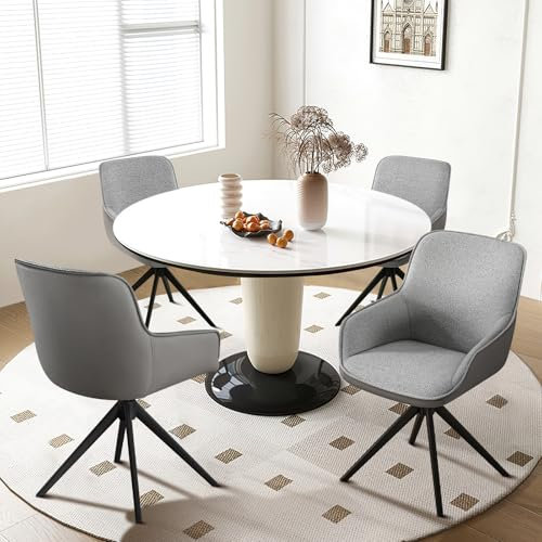 Esszimmerstühle Grau 4er Set,Leder und Samt Armlehnstuhl mit Metallbeine,Drehbar Sessel mit Armlehnen,Rückenlehne Drehstuhl, Küchensessel, Polsterstuhl Wohnzimmerstuhl für Wohnzimmer,Büro,Esszimmer