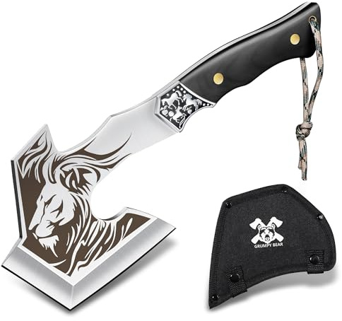 Grumpy Bear Tactical Axe, Camping Survival Hatchet, Full Tang Tomahawk with Sheath, Multifunctional Outdoor Hiking Heavy Duty Hatchet for Emergency, Hiking and Camping, for Men Women