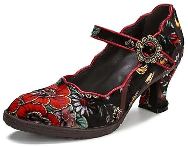 SOCOFY Kvinnor Läder Mary Jane-skor Färgglada Läder Oxfordskor Vintage Läderpumpar Dam Färgglada lappord blockklack Pumpar Mid Kattunge Hälpumps Skor Ankelrem Bröllopsklänning Kväll Festskor, Röd, 39