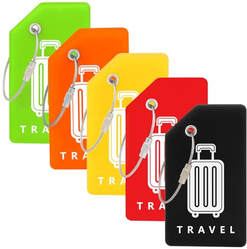 Teskyer 5 Etichette per Valigie Aereo - Silicone, Durevoli, Visibili, Morbide, con Anelli in Acciaio, Etichette per Bagagli con Scheda Nome e ID, Accessori da Viaggio