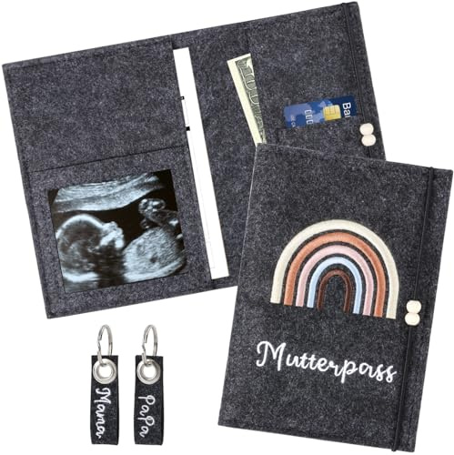 Custodia per passaporto materno in feltro con scomparti – immagine ad ultrasuoni, passaporto di vaccinazione e catena assicurata – perfetto per donne incinte e future mamme – dolce regalo (grigio)