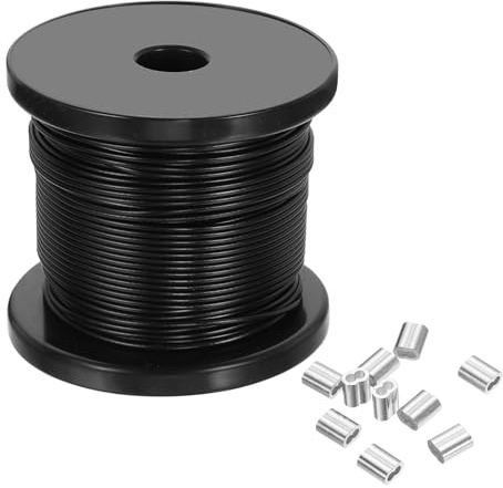 PATIKIL Cable De Acero Inoxidable 304 Plateado 5/64 60 m Plata | Cubierto Con Vinilo, Con 50 Piezas De Manguitos De Crimpado, Para Colgar Luces Cuerdas De Tendedero Enrejado