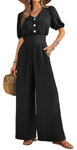 QUNERY Monos Mujer Verano Jumpsuit Elegante en V Color Sólido Mono Que Realza La Cintura Casual Sueltos Rompers con Bolsillos Moda Playa Negro XXL