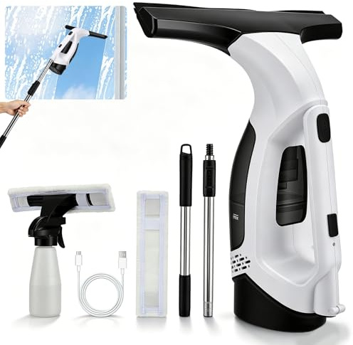 Normodic Juego de aspiradoras de ventanas con batería, 2000 Pa inalámbrico, limpiador de ventanas, 2200 mAh, extractor eléctrico recargable, depósito de 150 ml, para ventanas, puertas de ducha