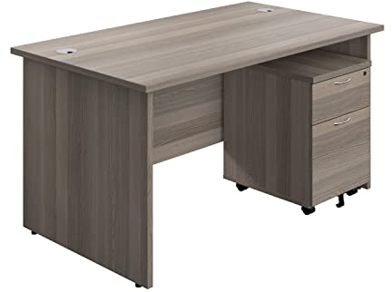 Office Hippo Panel Desk with 2 Mobile Storage Including Filing Drawer, A4, Foolscap, MFC, Grey Oak, 140 x 80 x 73 cm