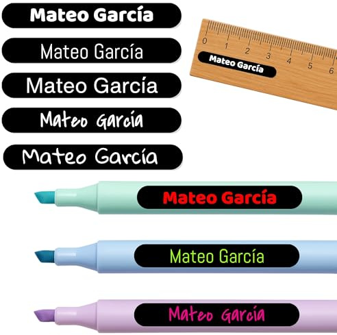 Lot de 60 étiquettes personnalisées adhésives pour bolis, crayons, règles et petits objets, taille mini 35 mm x 5 mm avec 1 ligne, plastifié protecteur inclus dans l'étiquette. (Noir)
