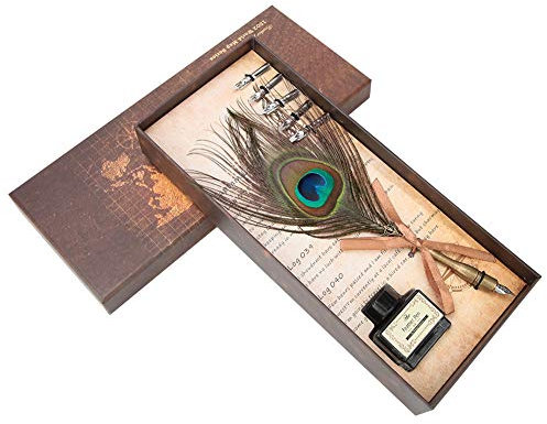 Peacock Federkiel Dip Pen, Vintage Kalligraphie Federstift Pfauenfeder Schreibtinte Set Mit 5 Ersatzspitzen Schreibwaren Geschenkbox Kinder Schule Unterschriften Weihnachten Geburtstag Hochzeit