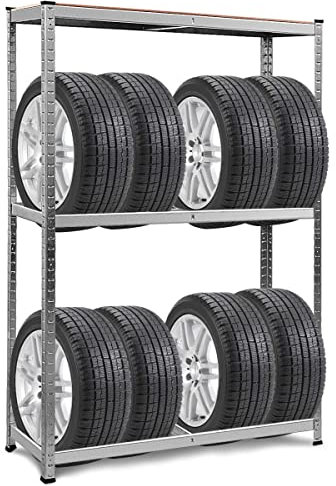 GYMAX Scaffale Porta Gomme Auto in Metallo, a 3 Ripiani, Portata di 265 kg/Strato, Supporto per 8 Pneumatici, Ideale per Officina, Garage, Magazzino, 180x40x120 cm
