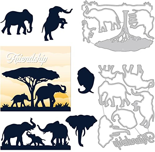 BENECREAT 2 stilar elefant siluett mönster kolstål skärningsmönster vänskapsram bakgrund prägling mall för att göra foto dekorativt papper scrapbooking, 0,08 cm tjock