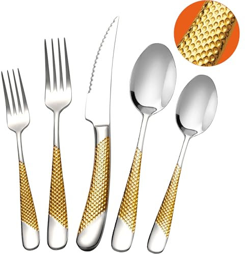 SHEUMNT 20-teiliges modernes, Gehämmertes Besteckset aus Gold Silber mit ultrascharfem 2-in-1 Wellenschliffmesser, Utensilienset aus Edelstahl 18/10, Besteckset für 4 Personen, Messer Gabel Löffel Set