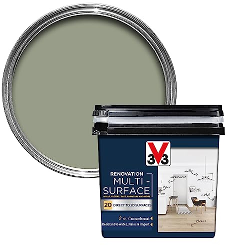 V33 Renovation Multi-Surface Paint - No Undercoat Needed - Over 20 Surfaces - Resistance To Water Stains & Impact - High Coverage - Khaki Green Satin 750ml