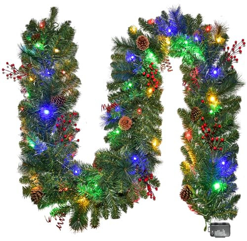 Christmas Garland With Lights 9FT, Lighted Christmas Garland Battery Powered 8 Lighting Modes, 50 LED Lights Garland, Red Berry, Christmas Pine Cone, for Stairs, Front Door, Christmas Decor