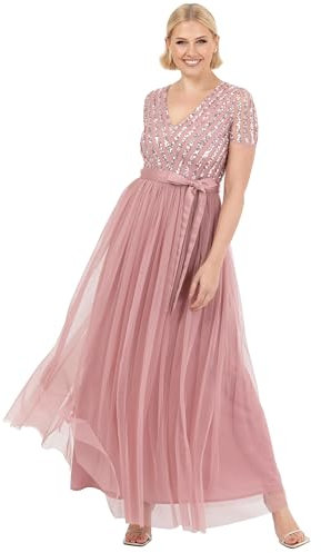 Maya Deluxe Damen Maxi Dress for Women Ladies Bridesmaid V-Neck Ball Gown Short Sleeves Long Elegant Empire Waist Wedding Brautjungfernkleid, Vinatge Rose,